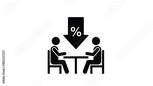 Negotiation process illustrated with two figures at a table and a downward pointing percentage symbol