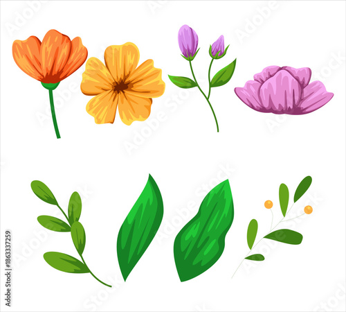 Floral Symphony: A vibrant collection of botanical elements, with blooming blossoms and fresh green foliage arranged artfully. A showcase of nature's beauty in full color.