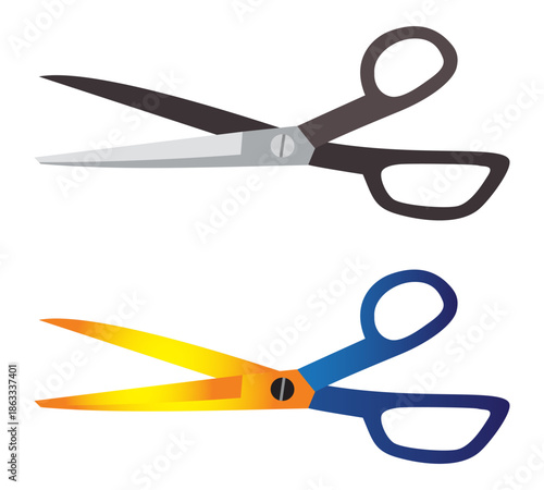 Scissors Duo: Two pairs of scissors, one in a classic black and silver, the other in a vibrant gold and blue, are laid out, ready for tasks requiring precision and design.