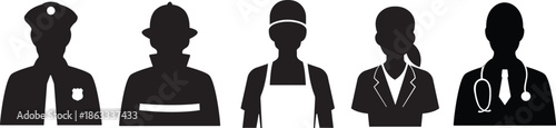 Profession silhouette vector isolated clip art. People in job uniform like policeman, doctor, firefighter, businessman illustration for asset, icon, poster