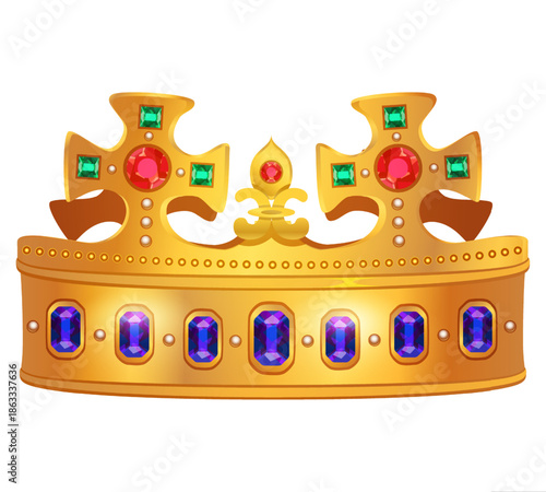 Golden Crown of Majesty: An ornate golden crown, adorned with jewels, symbolizes royalty and power, capturing the essence of historical grandeur and regal authority.