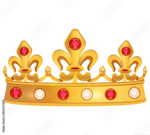 Regal Radiance: A majestic golden crown, adorned with radiant ruby jewels and elegant fleur-de-lis, symbolizing power, heritage, and the allure of royalty.