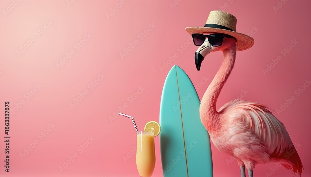 Fototapeta premium Pink flamingo wears straw hat and sunglasses beside surfboard and cocktail. Bird is ready for summer vacation fun. Enjoying tropical holiday.