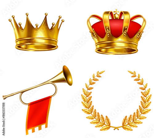 Royal Emblems: A collection of majestic golden crowns, a classical bugle, and an elegant laurel wreath. Each object symbolizes regality, triumph, and honor.