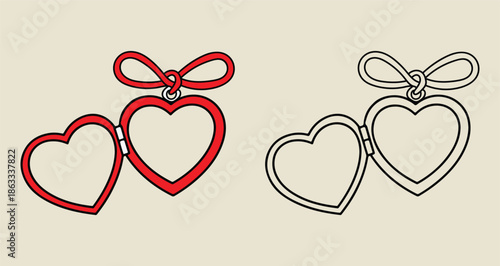 Open heart locket necklace with bow red and outline drawing on beige background
