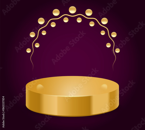 Golden Stage: An illustration of a radiant, gold-toned stage, poised beneath an elegant arch of glistening lights, all set against a backdrop of deep, rich violet, designed to draw attention.