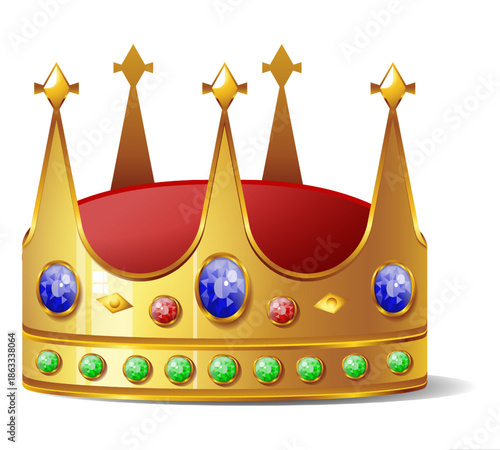 Regal Crown: A meticulously crafted golden crown, adorned with radiant gemstones and poised atop a rich red cushion, embodies royalty, power, and prestige.