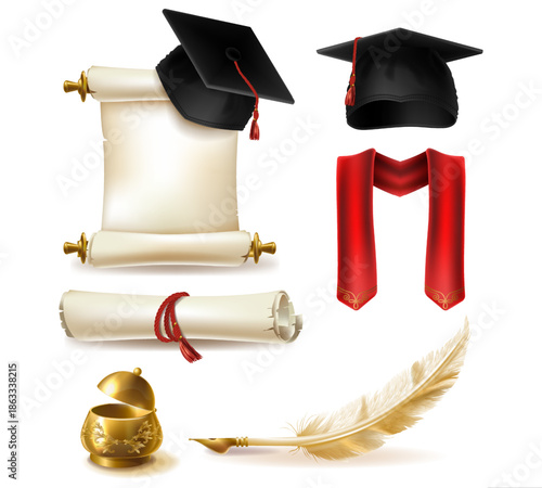 Academic Elements Illustration: An eye-level illustration shows academic elements symbolizing education, achievement, and knowledge with a classic touch. Featuring a graduation cap, diploma scroll.
