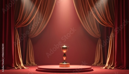 Golden trophy sits on red carpet stage under spotlight. Dramatic red and gold curtains frame the pedestal, signifying victory and achievement in a grand event.
