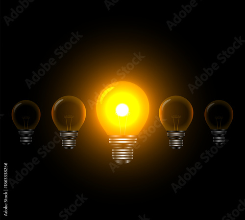 Illuminating Brilliance: A radiant, glowing light bulb shining brightly amongst a cluster of dim, unlit counterparts. This image captures the essence of innovation, inspiration, and bright ideas.