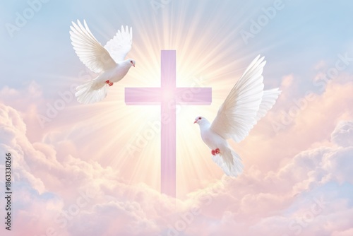 Symbolic religious illustration featuring two white doves flying near a glowing cross in a serene sky with soft pastel clouds and radiant light, representing peace and spirituality