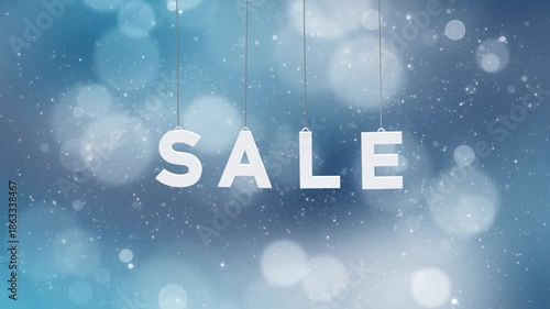 White SALE letters hanging on strings and gently swinging over a blue snowy background with soft bokeh, representing a seasonal promotion, discount campaign, or winter sale concept. Seamless looping.