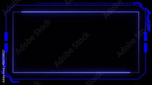 A futuristic digital frame with glowing blue neon lights on a dark background