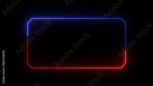 A glowing neon rectangular frame with blue and red edges on a black background