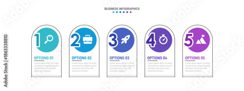 Progress bar featuring 5 arrow-shaped elements, symbolizing the five stages of business strategy and progression. Clean timeline infographic design template. Vector for mobile presentation.