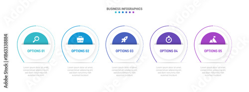 Progress bar featuring 5 arrow-shaped elements, symbolizing the five stages of business strategy and progression. Clean timeline infographic design template. Vector for mobile presentation.