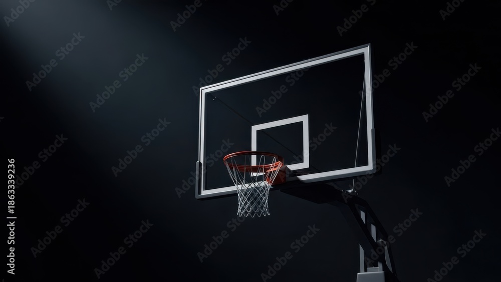Fototapeta premium A basketball hoop stands alone in a dark room with a spotlight shining down on it.