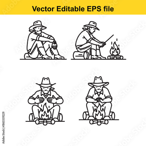 Four cowboys around campfire