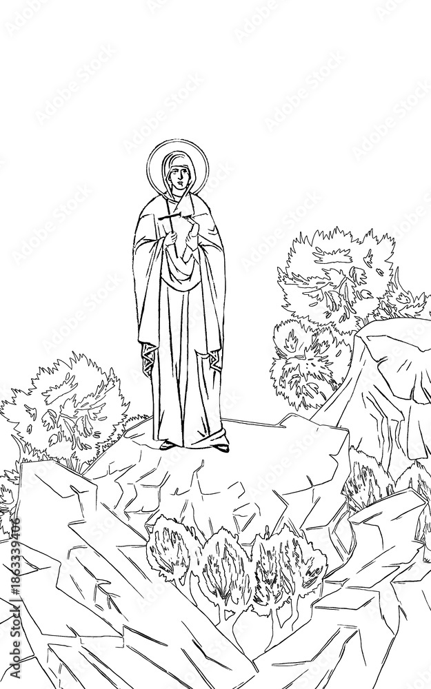 Fototapeta premium Saint Theodora (name english). Greek coloring page in Byzantine style