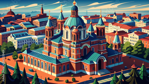 Very beautiful aerial perspective of Uspenski Cathedral highlighting red-brick details and Orthodox design, standing prominently in the historic cityscape of Helsinki, Finland.