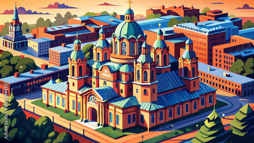 Very beautiful aerial perspective of Uspenski Cathedral highlighting red-brick details and Orthodox design, standing prominently in the historic cityscape of Helsinki, Finland.
