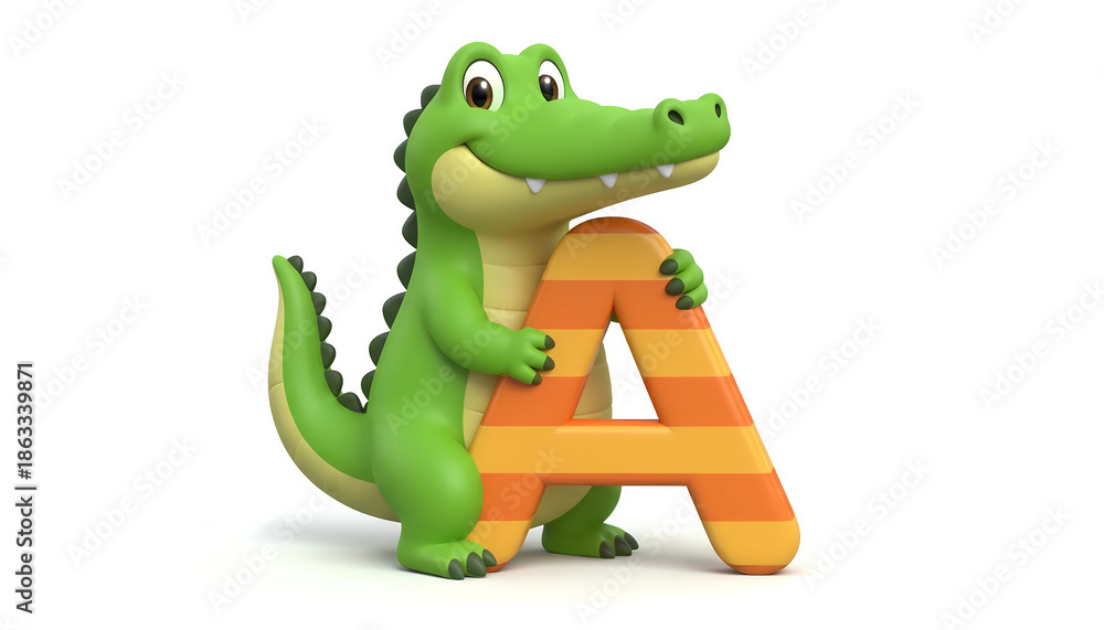 Naklejka premium Cartoon alligator hugging the letter A with orange and yellow stripes