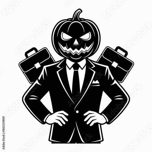 Commanding pumpkin executive illustration, black and white business and spooky authority – Great for finance, career, or October-themed digital assets.