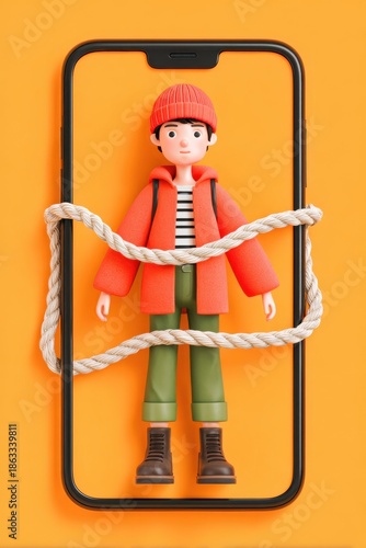 Teenage character trapped inside smartphone, surrounded by ropes, with vibrant orange background, illustrating the concept of digital confinement and modern technology challenges