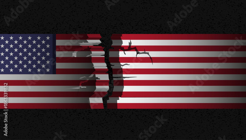 American flag is torn, symbol of division of society, civil war, crisis in the US .Protests and the danger of dictatorship, political crisis, collapse, chaos of elections, division in country.