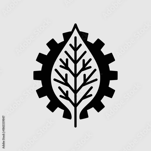 Black and white vector of integrated gear and leaf design – Great for environmental innovation, sustainable growth, or eco-business branding.