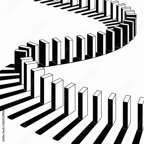 Monochrome vector of domino chain reaction for business strategy – Great for risk assessment, cascading consequences, or decision-making graphics.