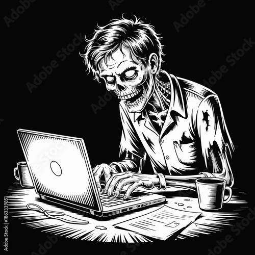 Zombie hunched over laptop illustration, black and white remote work and Halloween humor – Great for digital nomad, freelance, or spooky business articles.
