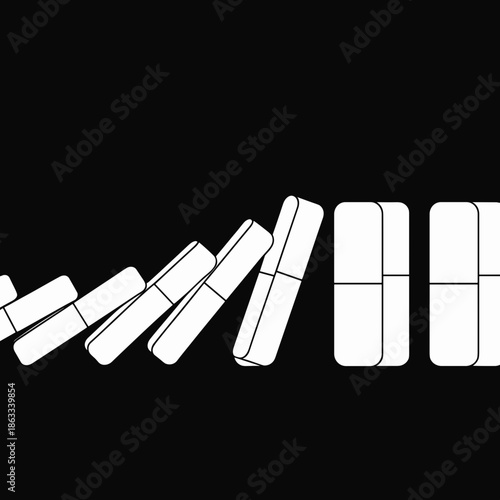 Minimalist vector of domino pieces falling in monochrome – Ideal for risk management, cause-effect, or strategic planning content.