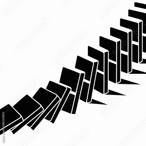 Dynamic vector illustration of dominoes falling in black and white – Perfect for cause and effect, business consequence, or strategic metaphor content.