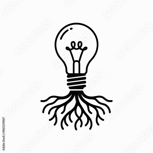 Monochrome vector of a light bulb with roots symbolizing growth – Suitable for sustainable business, natural innovation, or long-term planning concepts.