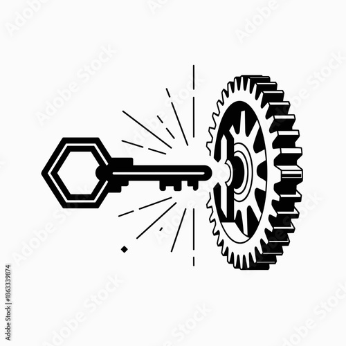 Modern key unlocking gear mechanism vector – Ideal for strategic solution, innovation, or business potential materials.