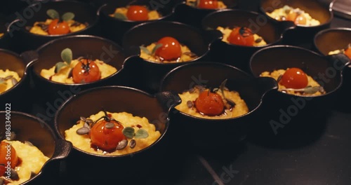 modern presentations of haute cuisine, European food establishments, restaurants with Michelin star. minimalist decoration, original serving of food. dark background professional lighting