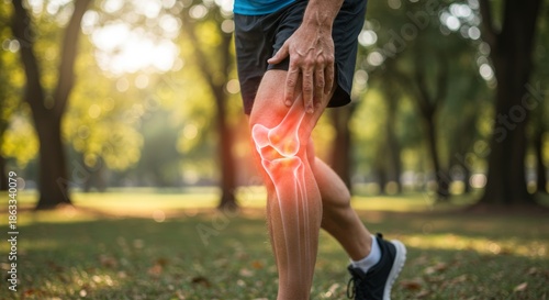 Medical visualization of arthritis in the knee joint of an active person.