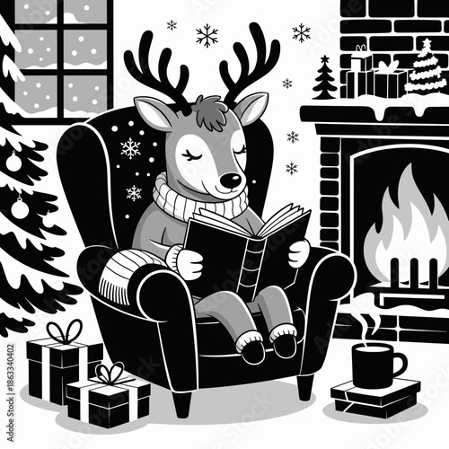 Reindeer reading by fireplace – Suitable for festive literacy campaigns, winter evening themes, or holiday marketing.