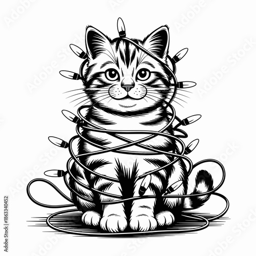 Mischievous cat with holiday lights - Great for pet lifestyle blogs.