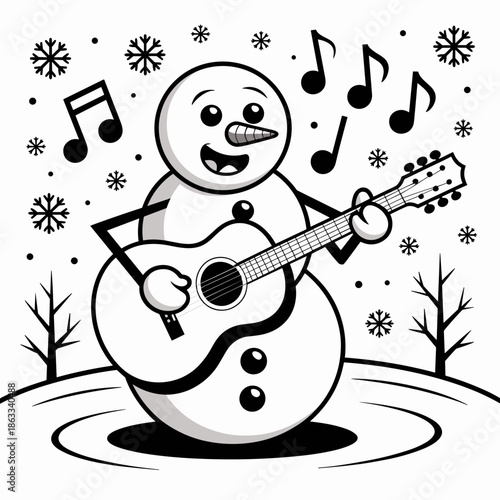 Snowman guitarist in winter landscape vector design – Suitable for Christmas caroling themes, holiday music promotion, or winter hobbies.