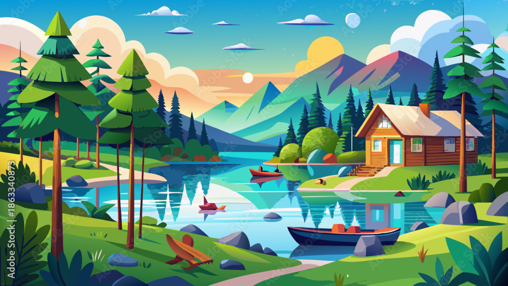 Fototapeta premium Very beautiful summer holiday scene capturing peaceful lakes, green forests, and relaxed outdoor lifestyle reflecting the natural beauty of Finland.