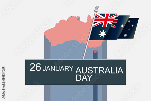 Australia day, National holiday on 26 January greeting banner, card, web, background. Australian flag and map, text template layout