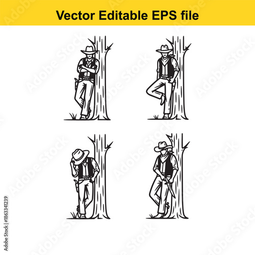 Cowboys leaning on trees