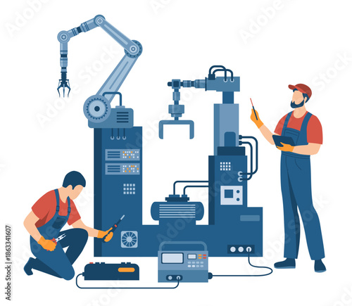 Two industrial technicians performing diagnostics and maintenance of industrial robotic arms in a factory. Concept of industrial maintenance, automation and technical support.
