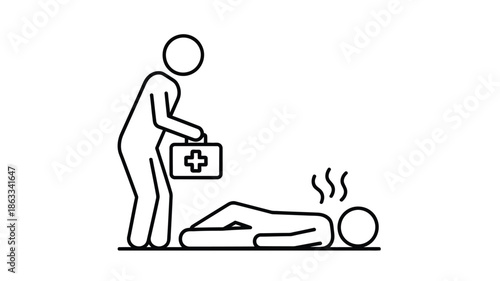 Stick figure providing first aid to a person lying on the ground showing care