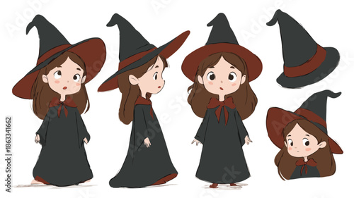 Adorable Little Girl in Witch Costume Vector with Outline for Halloween Celebration