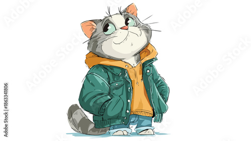 Stylish Cartoon Cat Posing and Wearing Jacket Vector with Outline