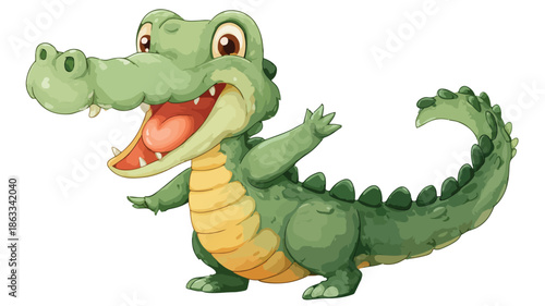 Adorable Baby Crocodile Cartoon Waving Vector with Outline Isolated