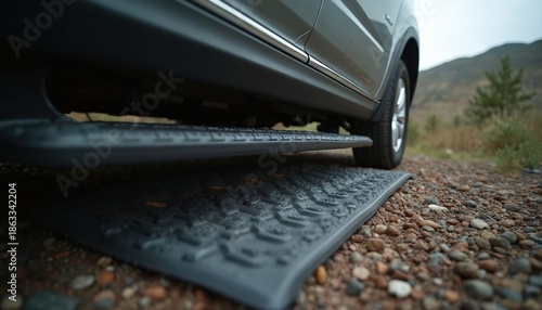 Vehicle tire rests on traction mat, stabilizing on gravel ground outdoors. Offroad driving aid enhances grip for rugged terrain, preventing slippage during travel.